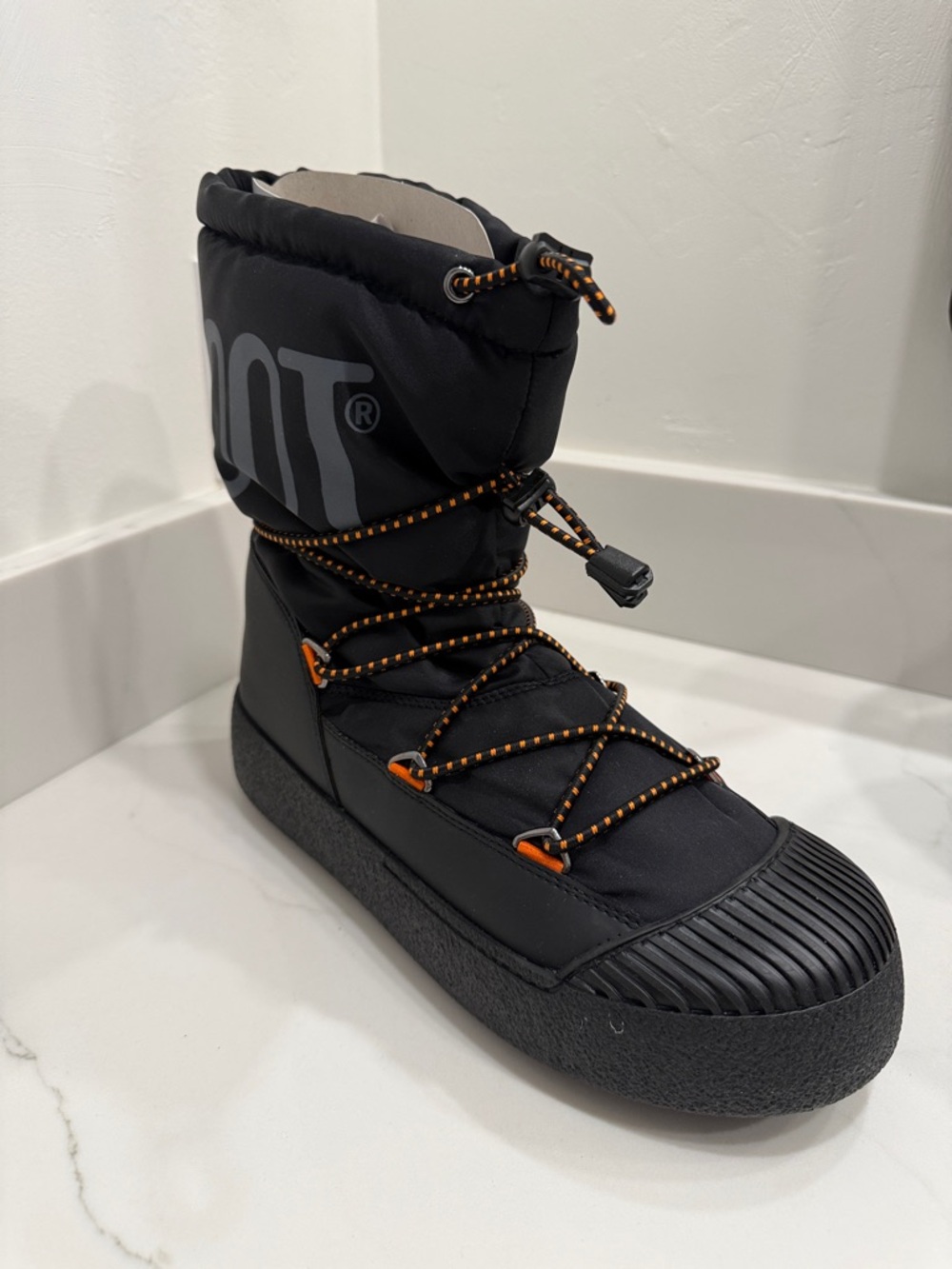 Moon Boot Black Winter Rain Boot with Orange Accents